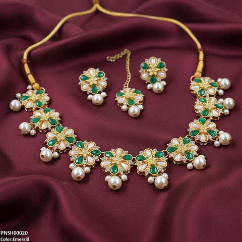 PNSH00020 SDQ Flower Pearl Drop Necklace Set - PNSH