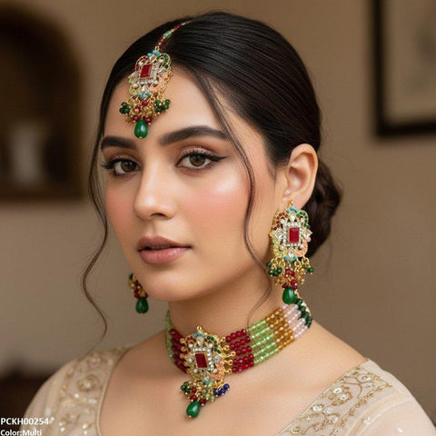 PCKH00254 SDQ Square Flower  Pearl Drop Choker Set - PCKH