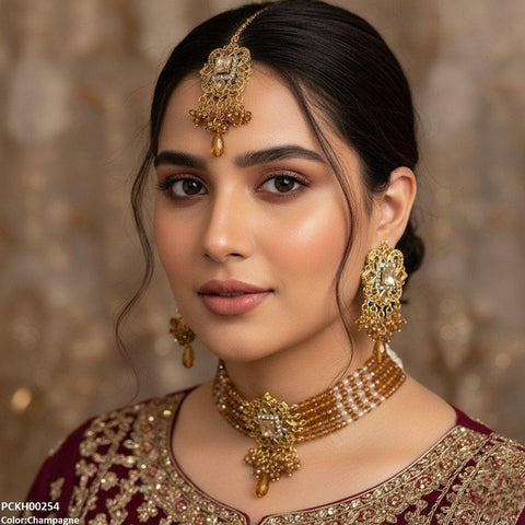 PCKH00254 SDQ Square Flower  Pearl Drop Choker Set - PCKH