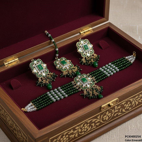 PCKH00254 SDQ Square Flower  Pearl Drop Choker Set - PCKH