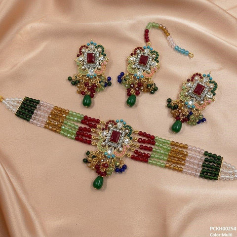 PCKH00254 SDQ Square Flower  Pearl Drop Choker Set - PCKH