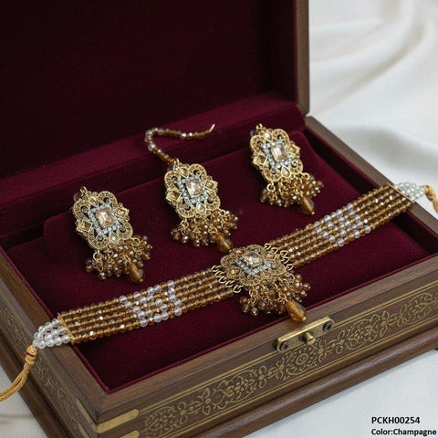 PCKH00254 SDQ Square Flower  Pearl Drop Choker Set - PCKH