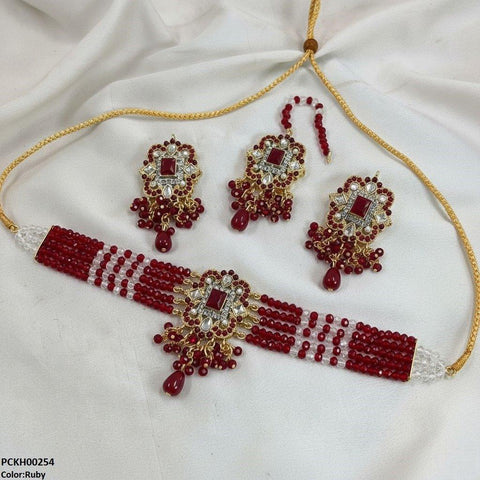 PCKH00254 SDQ Square Flower  Pearl Drop Choker Set - PCKH