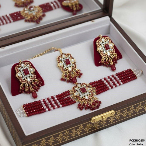 PCKH00254 SDQ Square Flower  Pearl Drop Choker Set - PCKH