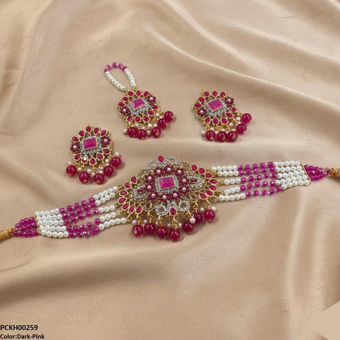 PCKH00259 SDQ Flower/Tear Pearl Drop Choker Set - PCKH