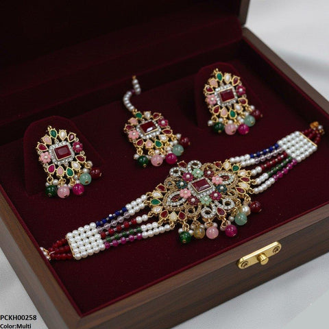 PCKH00258 SDQ Flower Tear Pearl Drop Choker Set - PCKH