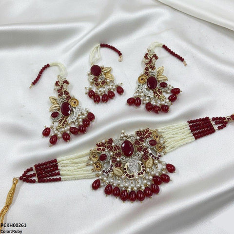 PCKH00261 SDQ Oval/Flower Pearl Drop Choker Set - PCKH