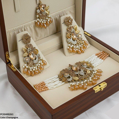 PCKH00261 SDQ Oval/Flower Pearl Drop Choker Set - PCKH