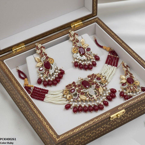 PCKH00261 SDQ Oval/Flower Pearl Drop Choker Set - PCKH