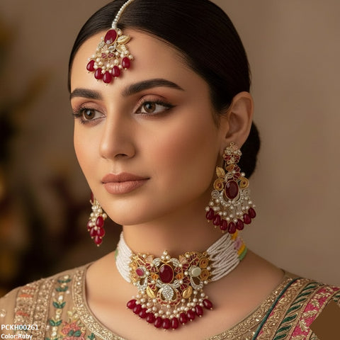 PCKH00261 SDQ Oval/Flower Pearl Drop Choker Set - PCKH