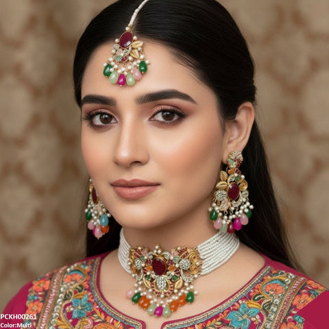 PCKH00261 SDQ Oval/Flower Pearl Drop Choker Set - PCKH