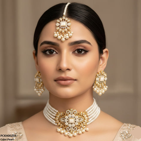 PCKH00259 SDQ Flower/Tear Pearl Drop Choker Set - PCKH