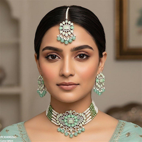 PCKH00260 SDQ Rectangle Tear Pearl Drop Choker Set - PCKH