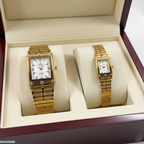 WHL00496 IWA Rectangle Bezel Stone Dial Couple Watch - WHL