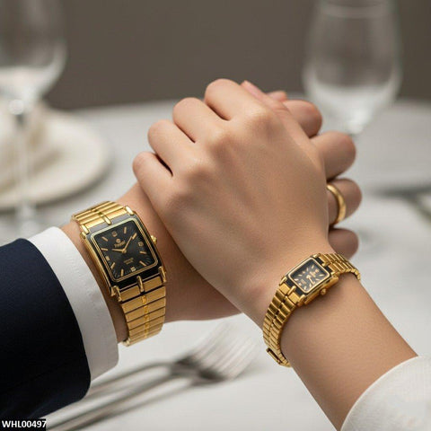 WHL00497 IWA Rectangle Black Dial Couple Watch - WHL