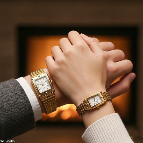 WHL00496 IWA Rectangle Bezel Stone Dial Couple Watch - WHL