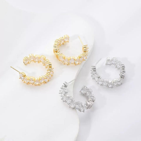 TEHH00502 WKO Stainless Steel Oval Zircon Stone Ear Hoops Pair - TEHH