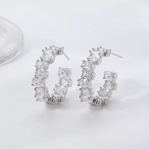 TEHH00502 WKO Stainless Steel Oval Zircon Stone Ear Hoops Pair - TEHH