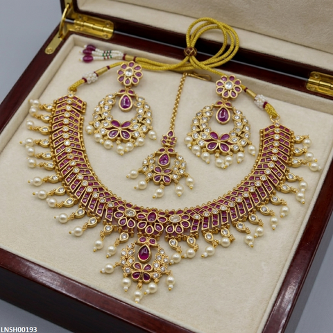 LNSH00193 ANI Flower Pearl Drop Necklace Set - LNSH
