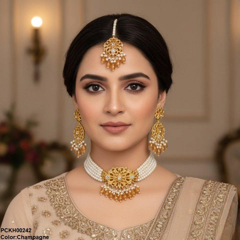 PCKH00242 MZM Square Flower Pearl Drop Choker Set - PCKH