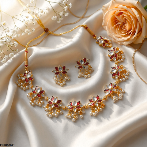 PNSH00071 ABD Tear Flower Pearl Drop Necklace Set - PNSH