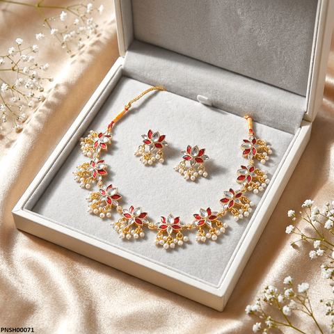 PNSH00071 ABD Tear Flower Pearl Drop Necklace Set - PNSH