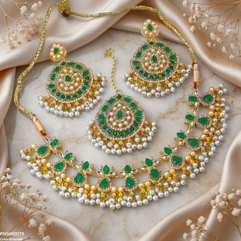 PNSH00075 FRN Tear Flower Pearl Drop Necklace Set - PNSH