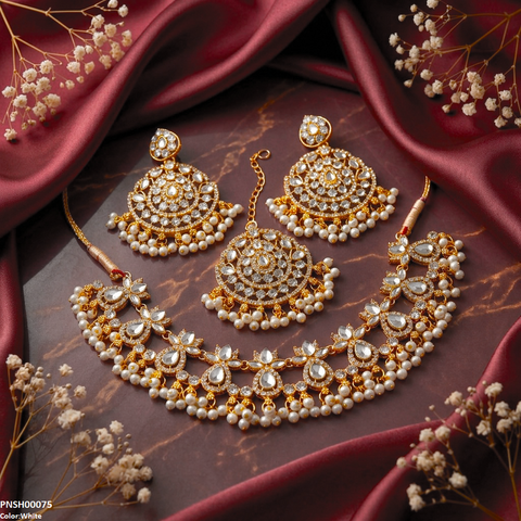 PNSH00075 FRN Tear Flower Pearl Drop Necklace Set - PNSH