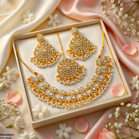 PNSH00075 FRN Tear Flower Pearl Drop Necklace Set - PNSH
