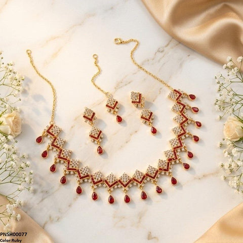PNSH00077 FRN Double Tear Drop  Necklace Set - PNSH