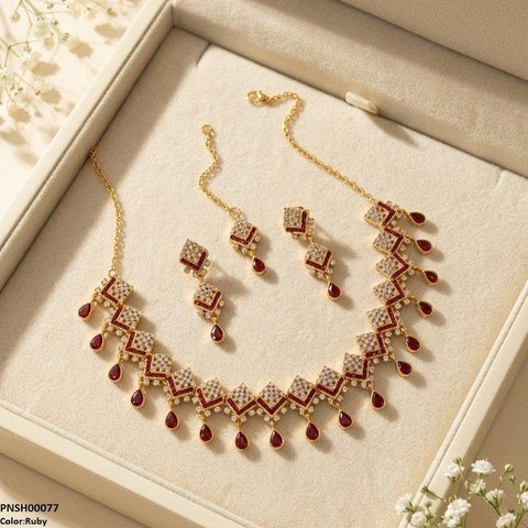 PNSH00077 FRN Double Tear Drop  Necklace Set - PNSH