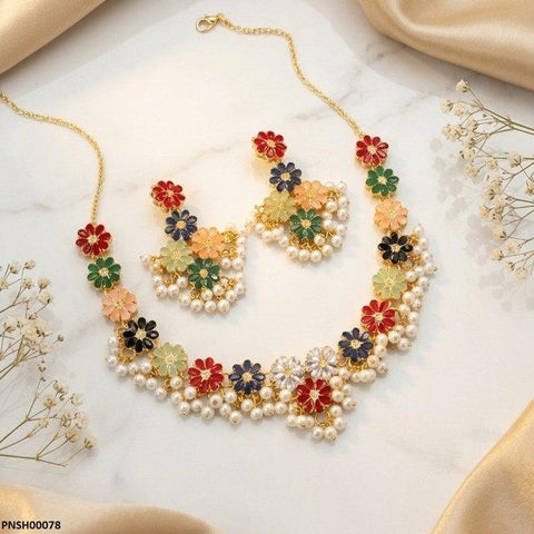 PNSH00078 FRN Multi Flower Pearl Drop  Necklace Set - PNSH