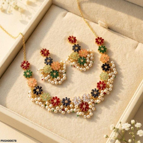 PNSH00078 FRN Multi Flower Pearl Drop  Necklace Set - PNSH