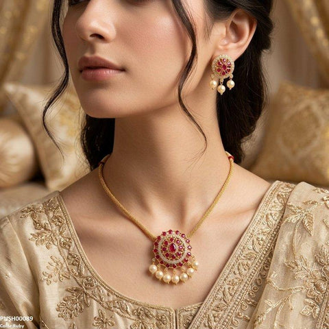 PNSH00089 SDQ Oval Round Pearl Drop Necklace Set - PNSH