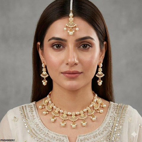 PNSH00092 SDQ Fan Filigree Pearl Drop Necklace Set - PNSH