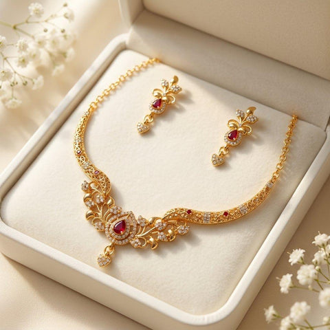 PNSH00094 SDQ Filligree Heart Drop Necklace Set - PNSH