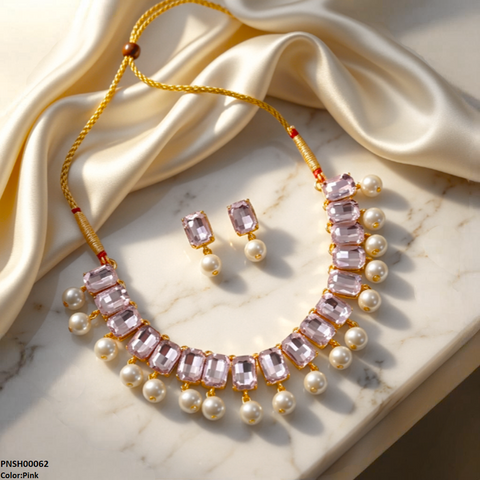 PNSH00062 ABD Rectangle Pearl Drop Necklace Set - PNSH