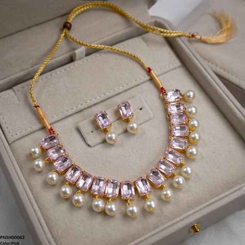 PNSH00062 ABD Rectangle Pearl Drop Necklace Set - PNSH