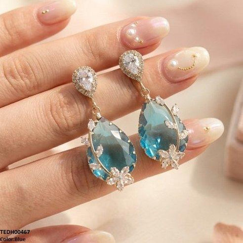 TEDH00467 QSJ Flower/Double Tear Drop Zircon Earrings - TEDH