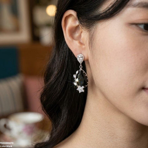 TEDH00470 QSJ Flower/Double Tear Drop Zircon Earrings - TEDH