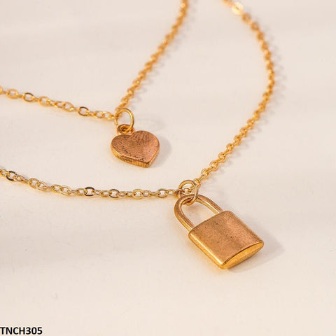 TNCH305 YYE Double Chain Lock/Heart Drop Necklace - TNCH