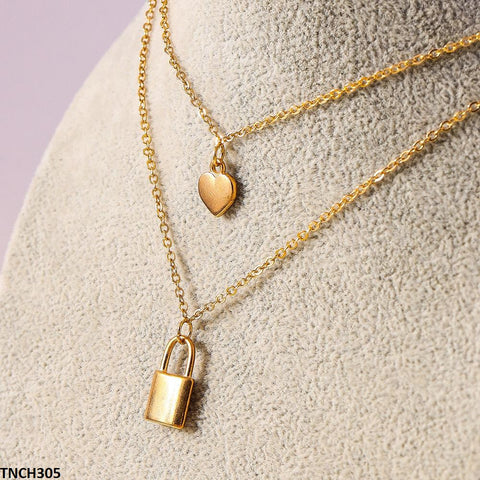 TNCH305 YYE Double Chain Lock/Heart Drop Necklace - TNCH
