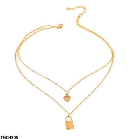 TNCH305 YYE Double Chain Lock/Heart Drop Necklace - TNCH