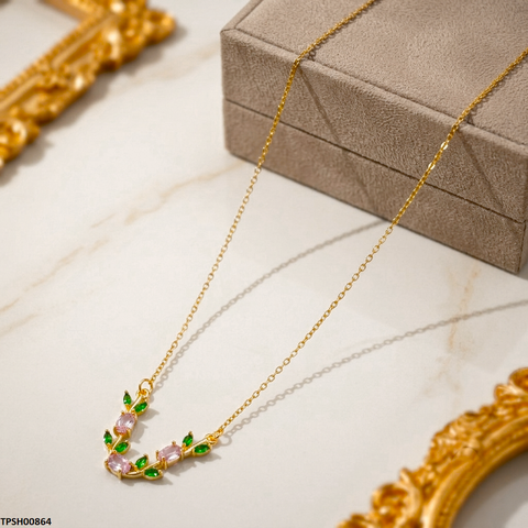 TPSH00864 MSJ Tulip Leaf Pink/Green Stone Pendant With Chain - TPSH
