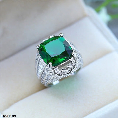 TRSH109 CSH Green Cushion Cathedral Ring - TRSH
