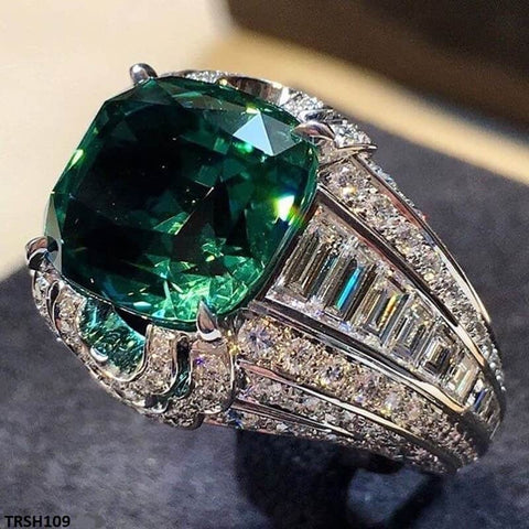 TRSH109 CSH Green Cushion Cathedral Ring - TRSH