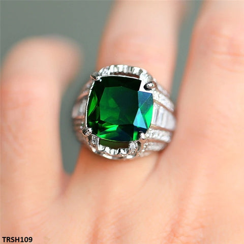 TRSH109 CSH Green Cushion Cathedral Ring - TRSH