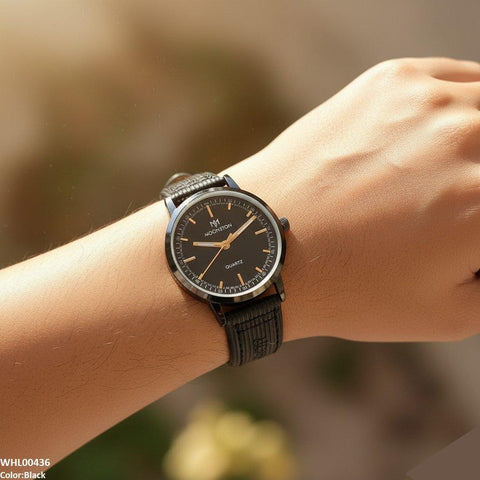 WHL00436 BWS Round Black Bezel Leather Strap Women's Watch - WHL