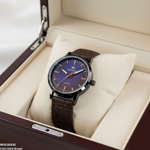 WHL00436 BWS Round Black Bezel Leather Strap Women's Watch - WHL