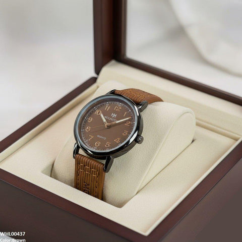 WHL00437 BWS Round Black Bezel Numbering Dial Leather Strap Women's Watch - WHL